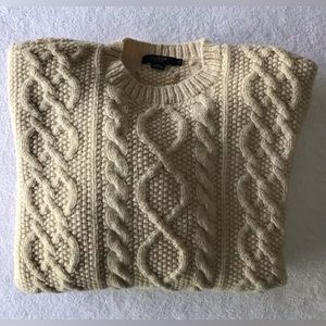 J Crew M XXL Handknit 100% Lambs Wool Cable Knit Fisherman Sweater in Ivory